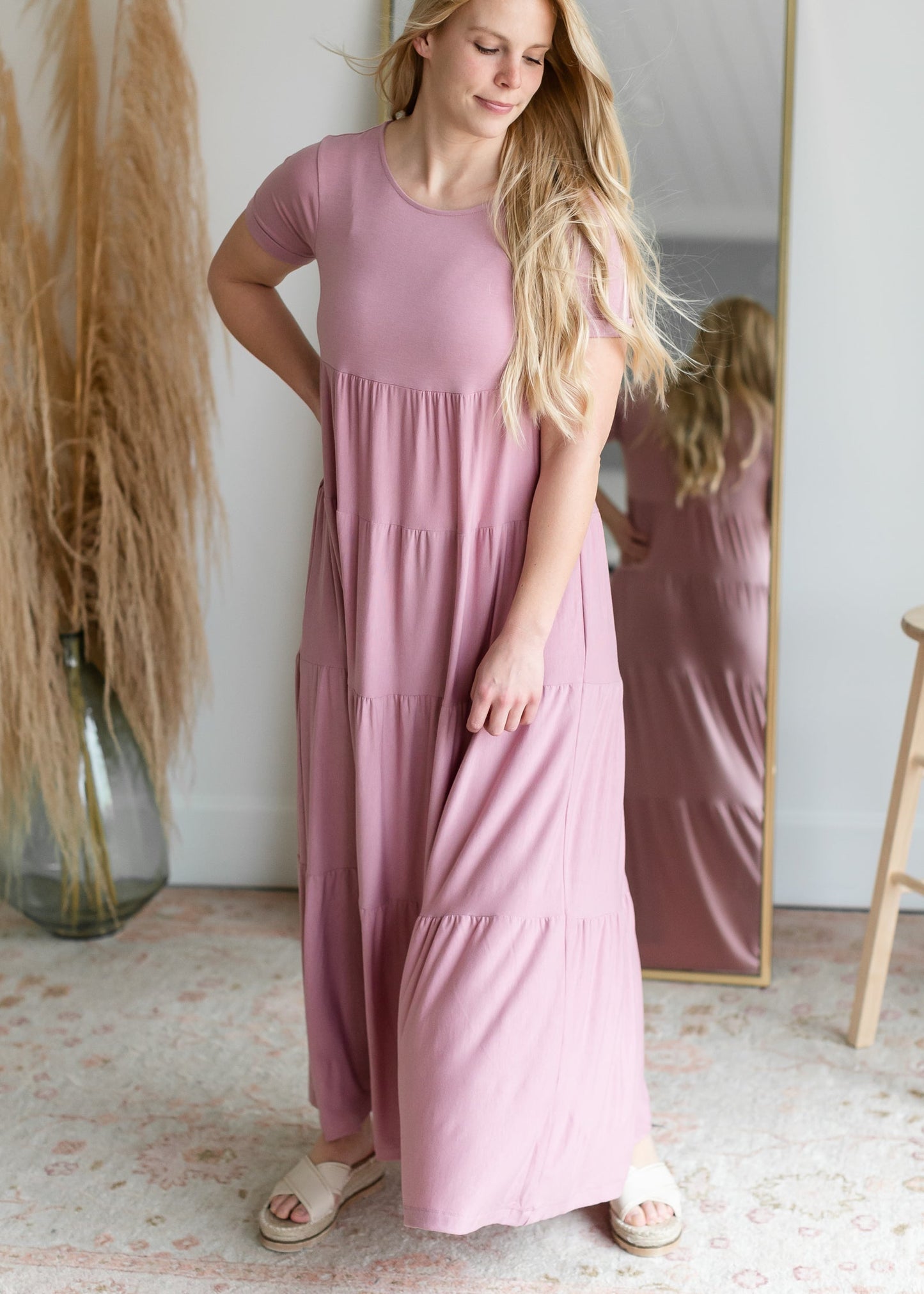 Short Sleeve Tiered Maxi Dress Dresses Zenana Rose / S