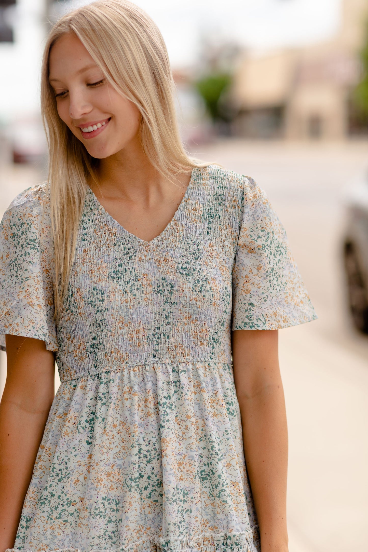 Short Sleeve Tiered Midi Dress With a Smocked Bodice Dresses