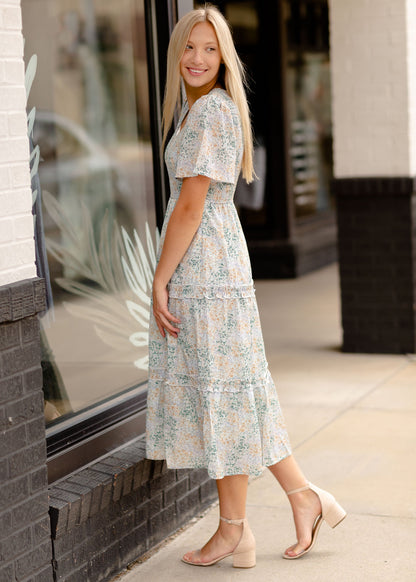 Short Sleeve Tiered Midi Dress With a Smocked Bodice Dresses