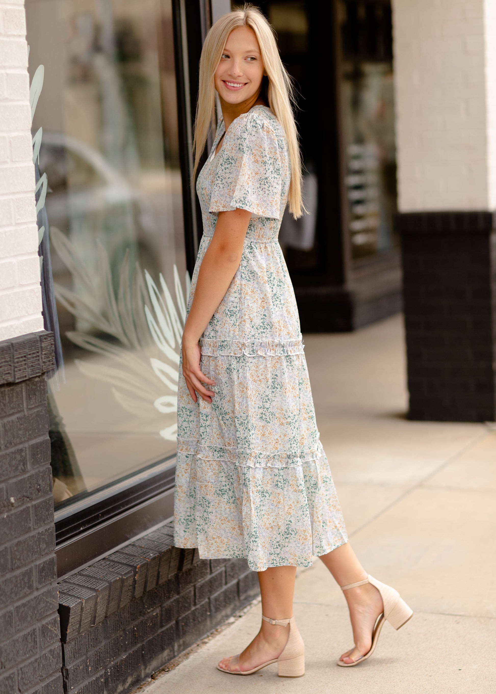 Short Sleeve Tiered Midi Dress With a Smocked Bodice Dresses