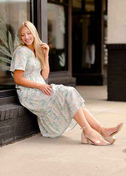 Short Sleeve Tiered Midi Dress With a Smocked Bodice Dresses