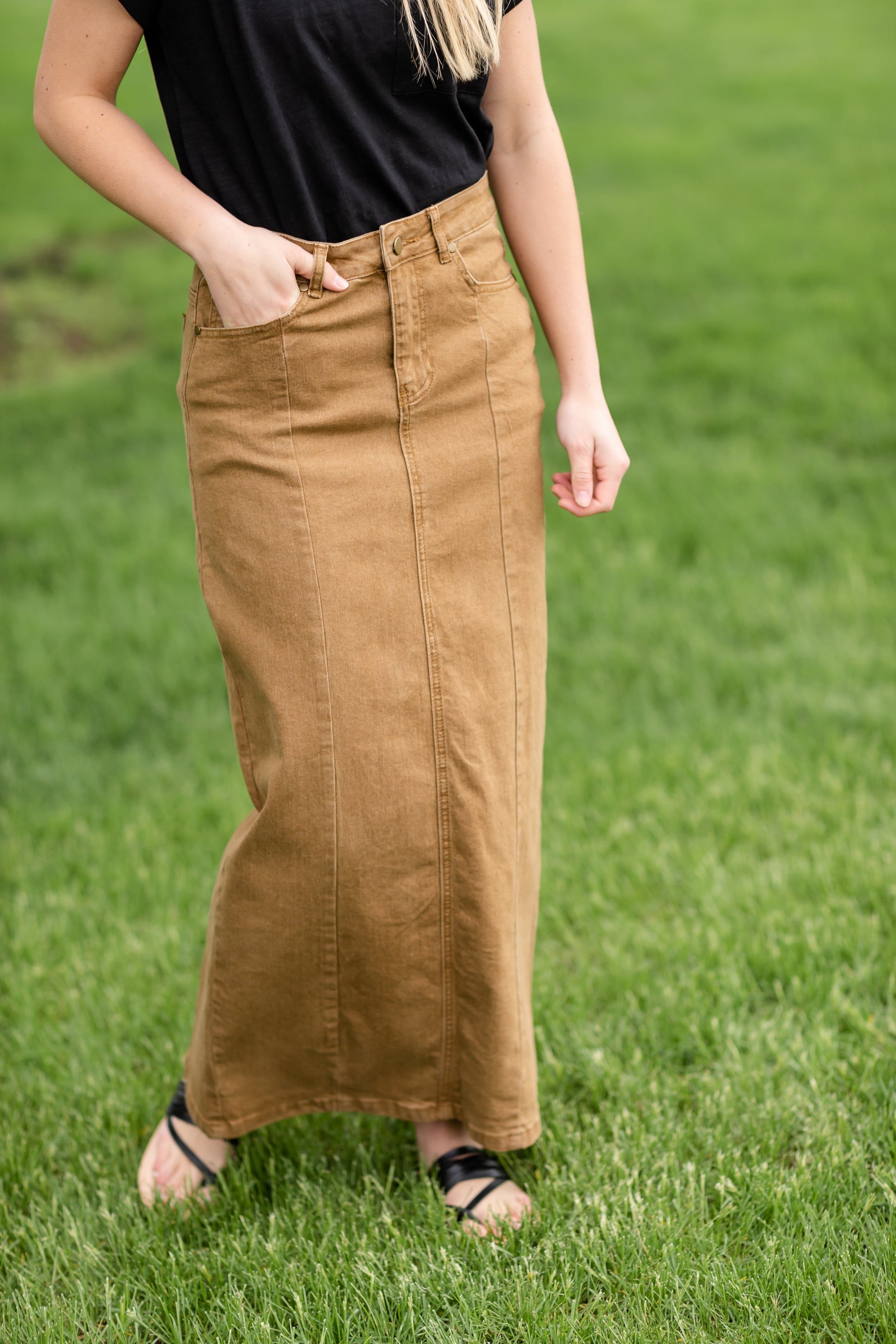 Sienna Dark Khaki Panel Long Denim Skirt Skirts