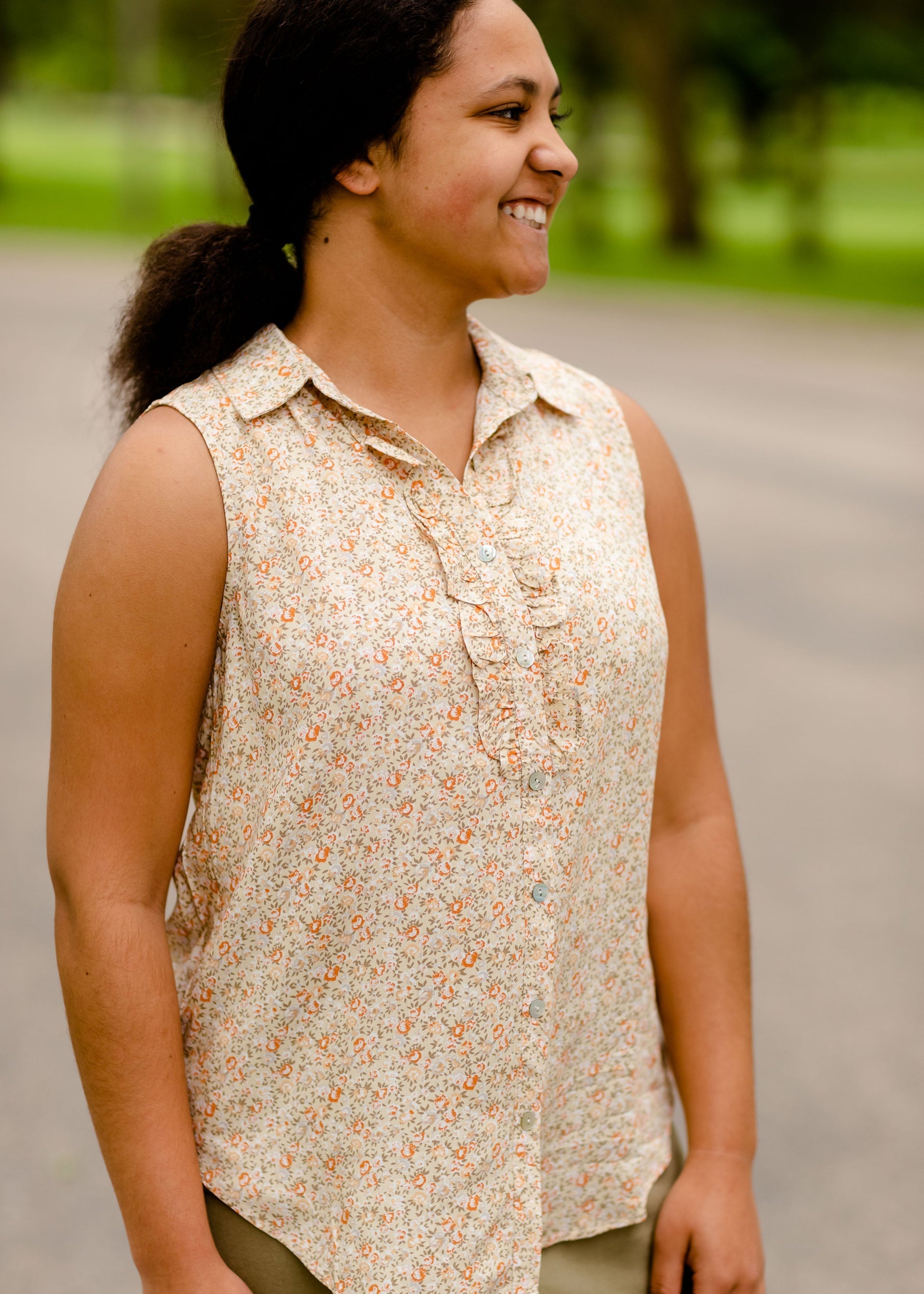 Sleeveless Button Up Collared Floral Top Tops