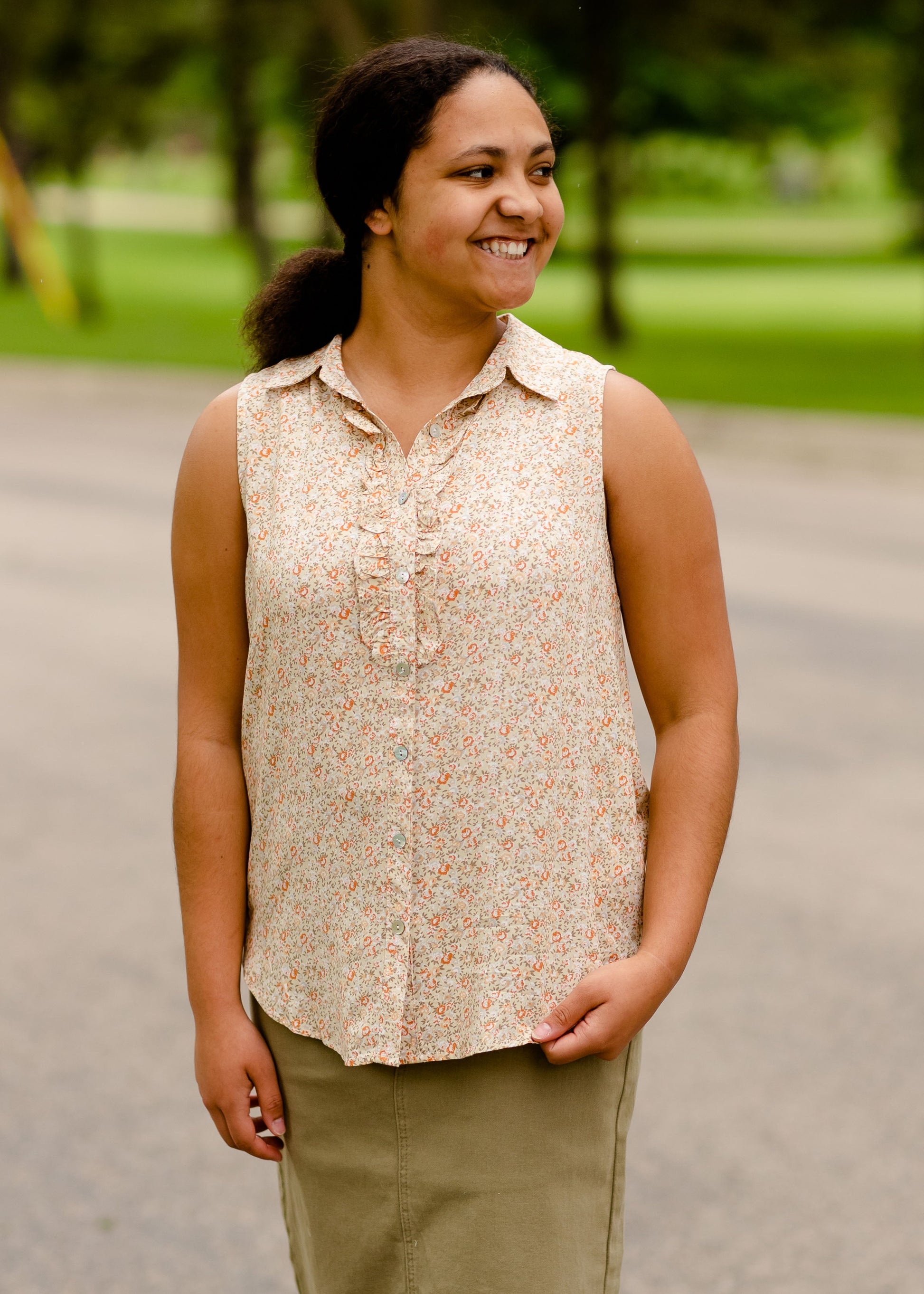 Sleeveless Button Up Collared Floral Top Tops