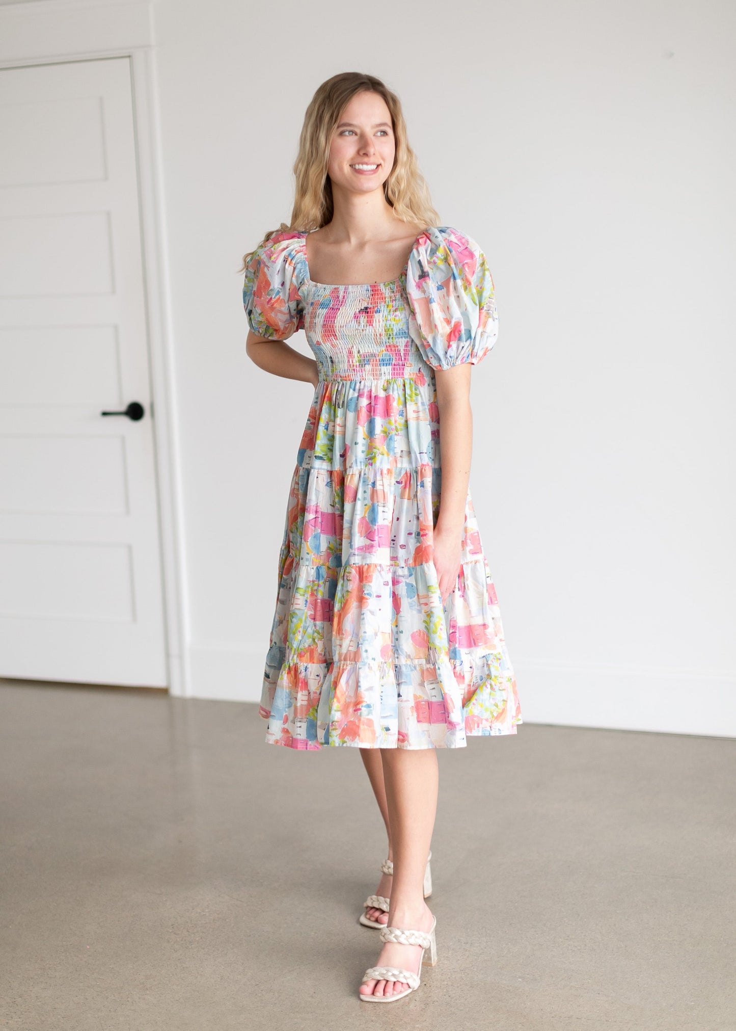 Smocked Bodice Colorful Midi Dress Dresses