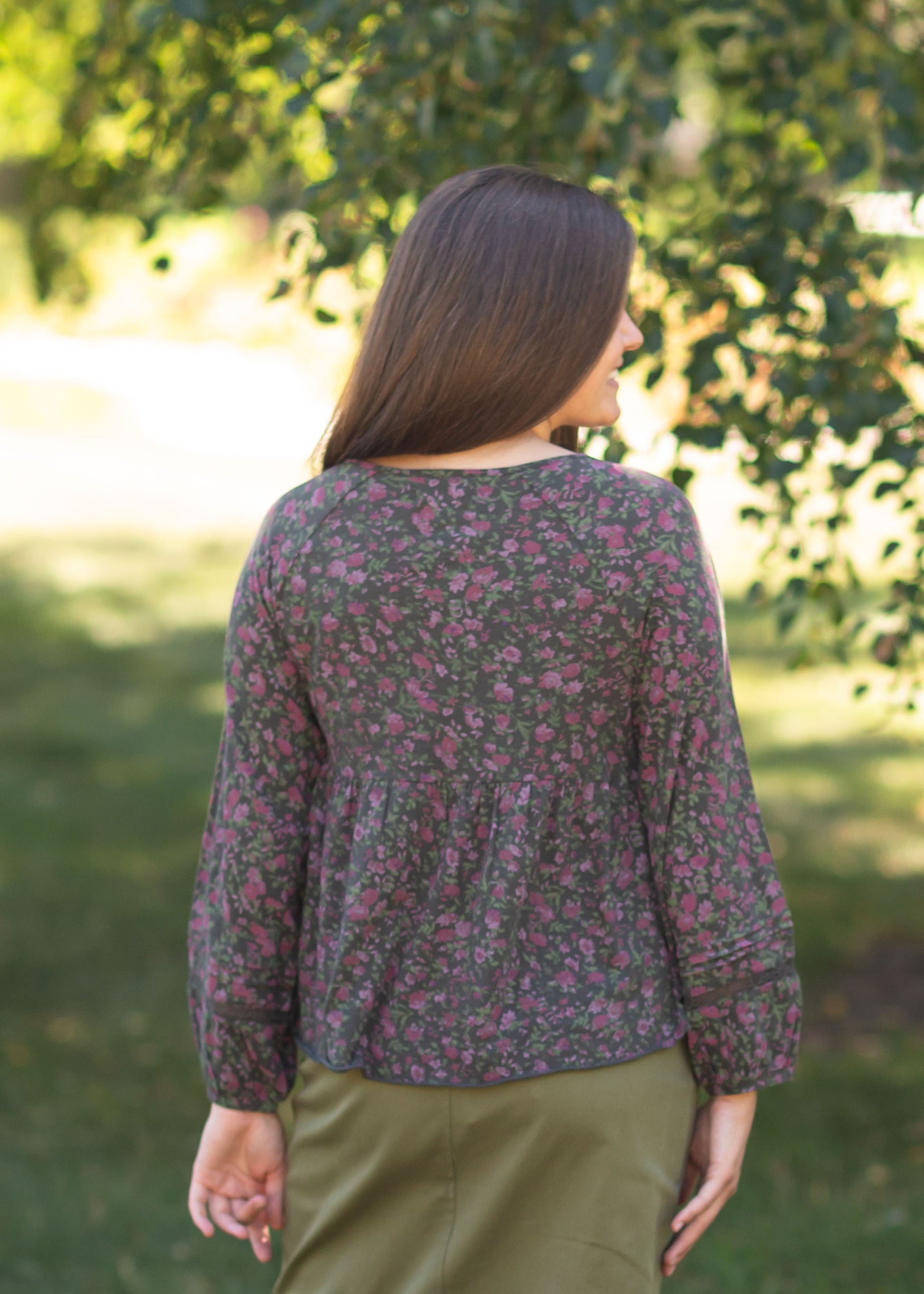 Smocked Bodice Floral Long Sleeve Top Tops