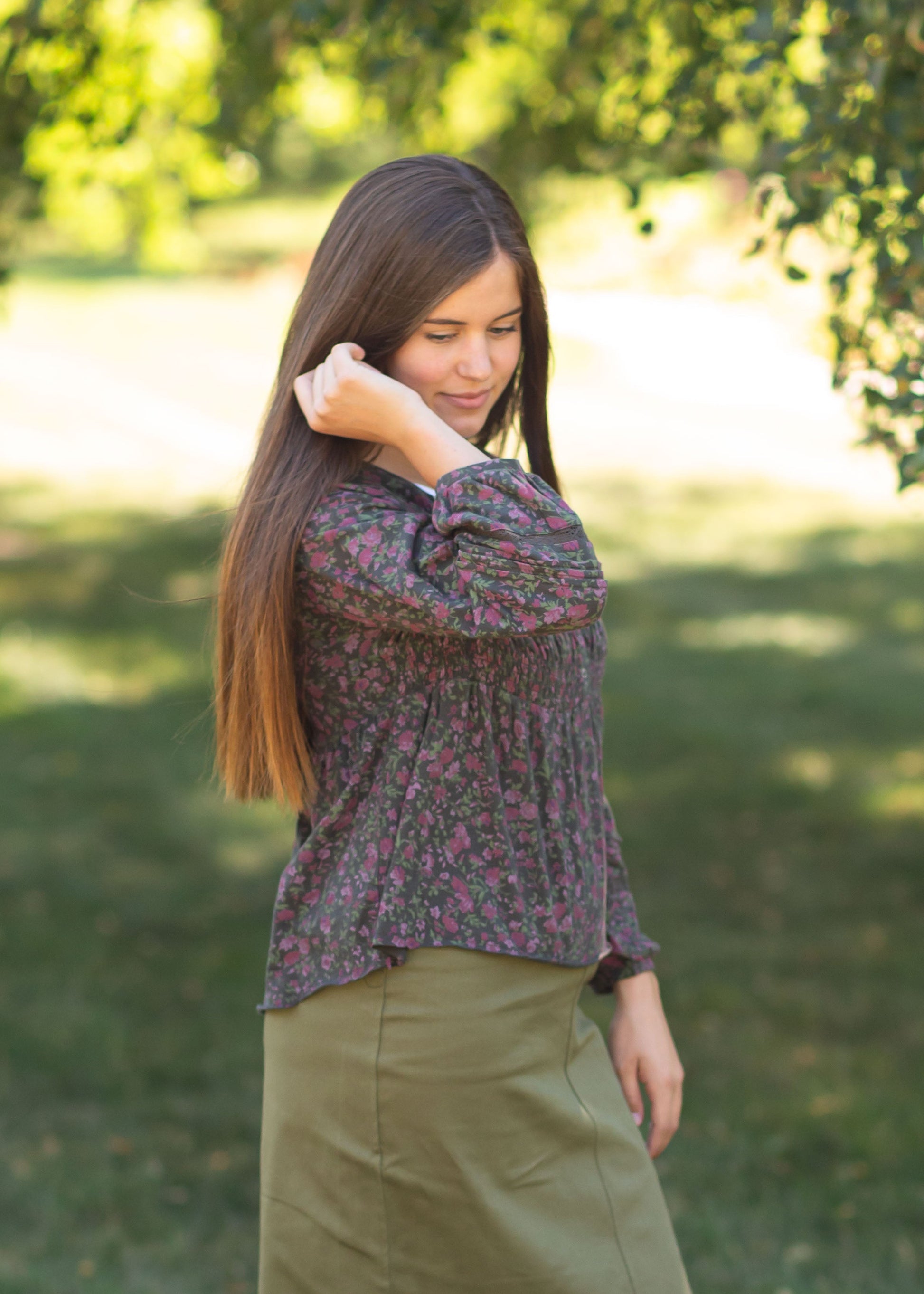 Smocked Bodice Floral Long Sleeve Top Tops