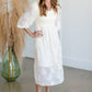 Smocked Bodice Lace Detail V-Neck 3/4 Sleeve Mid Dress Dresses Polagram