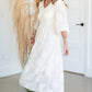 Smocked Bodice Lace Detail V-Neck 3/4 Sleeve Mid Dress Dresses Polagram