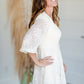Smocked Bodice Lace Detail V-Neck 3/4 Sleeve Mid Dress Dresses Polagram