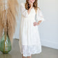 Smocked Bodice Lace Detail V-Neck 3/4 Sleeve Mid Dress Dresses Polagram