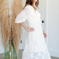 Smocked Bodice Lace Detail V-Neck 3/4 Sleeve Mid Dress Dresses Polagram