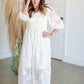 Smocked Bodice Lace Detail V-Neck 3/4 Sleeve Mid Dress Dresses Polagram