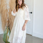 Smocked Bodice Lace Detail V-Neck 3/4 Sleeve Mid Dress Dresses Polagram