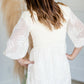 Smocked Bodice Lace Detail V-Neck 3/4 Sleeve Mid Dress Dresses Polagram