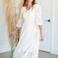 Smocked Bodice Lace Detail V-Neck 3/4 Sleeve Mid Dress Dresses Polagram