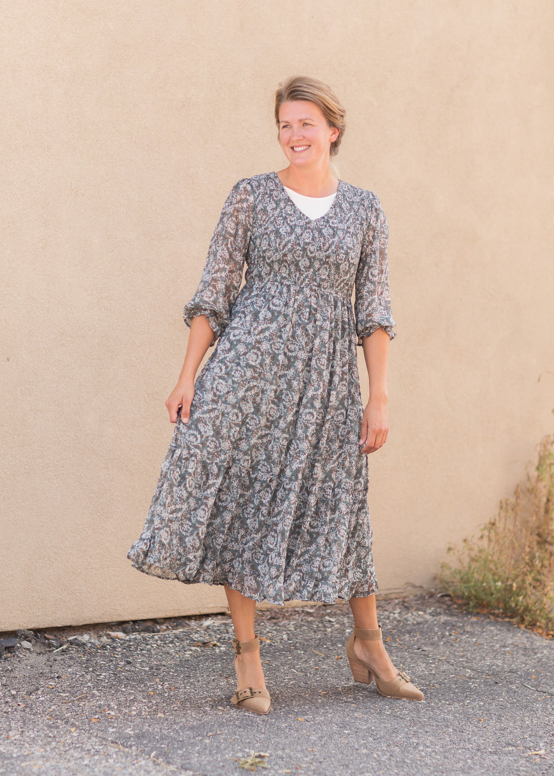 Smocked Bodice Midi Dress Dresses