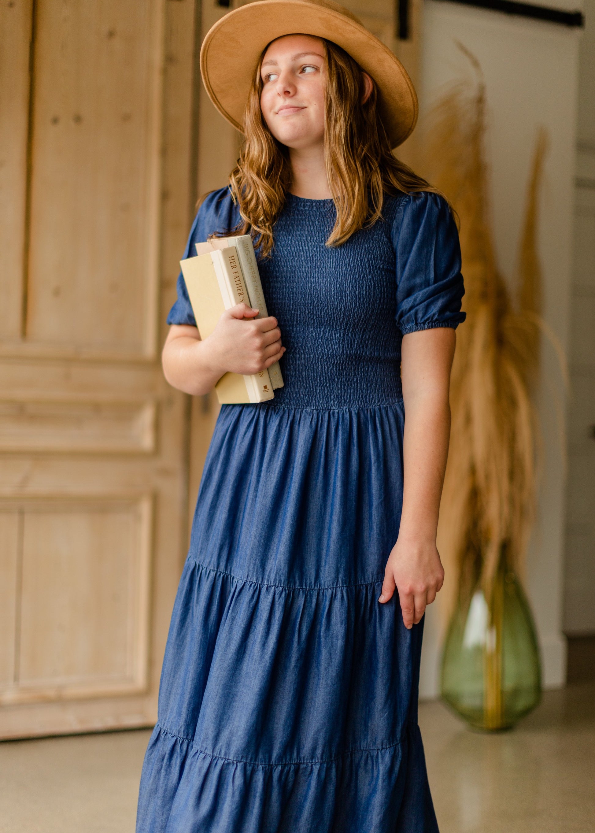 Smocked Bodice Puff Sleeve Tiered Denim Midi Dress Dresses Given Kale