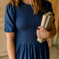 Smocked Bodice Puff Sleeve Tiered Denim Midi Dress Dresses Given Kale