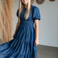 Smocked Bodice Puff Sleeve Tiered Denim Midi Dress Dresses Given Kale