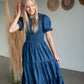 Smocked Bodice Puff Sleeve Tiered Denim Midi Dress Dresses Given Kale