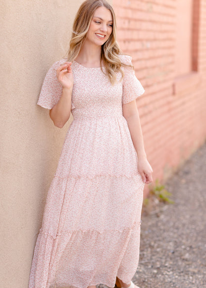 Smocked Floral Chiffon Midi Dress Dresses Pink / S