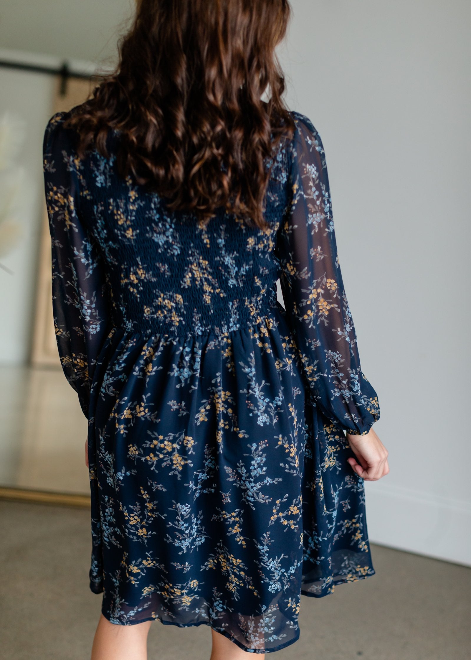 Smocked Top Navy Floral Long Sleeve Midi Dress Dresses Tea & Rose