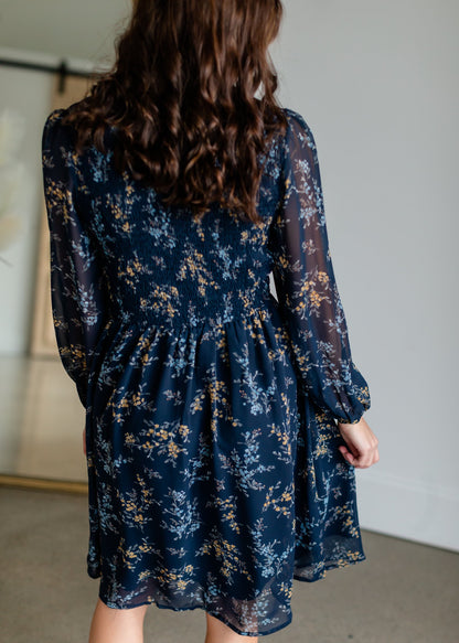 Smocked Top Navy Floral Long Sleeve Midi Dress Dresses Tea & Rose