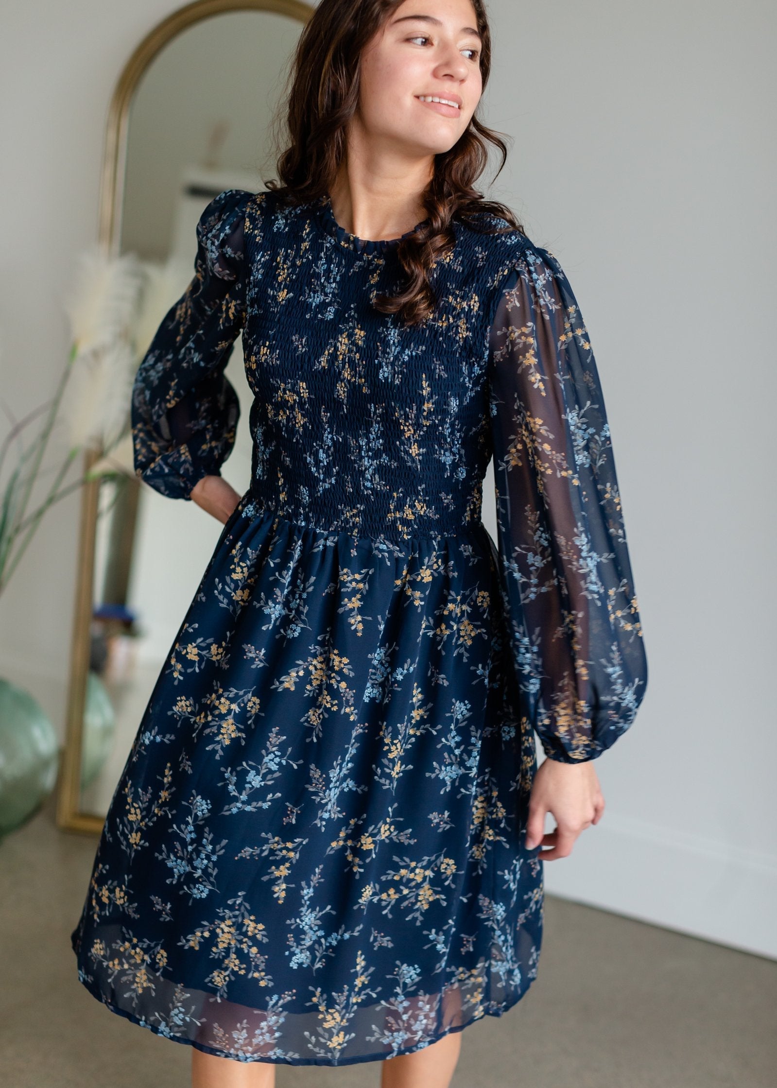 Smocked Top Navy Floral Long Sleeve Midi Dress Dresses Tea & Rose
