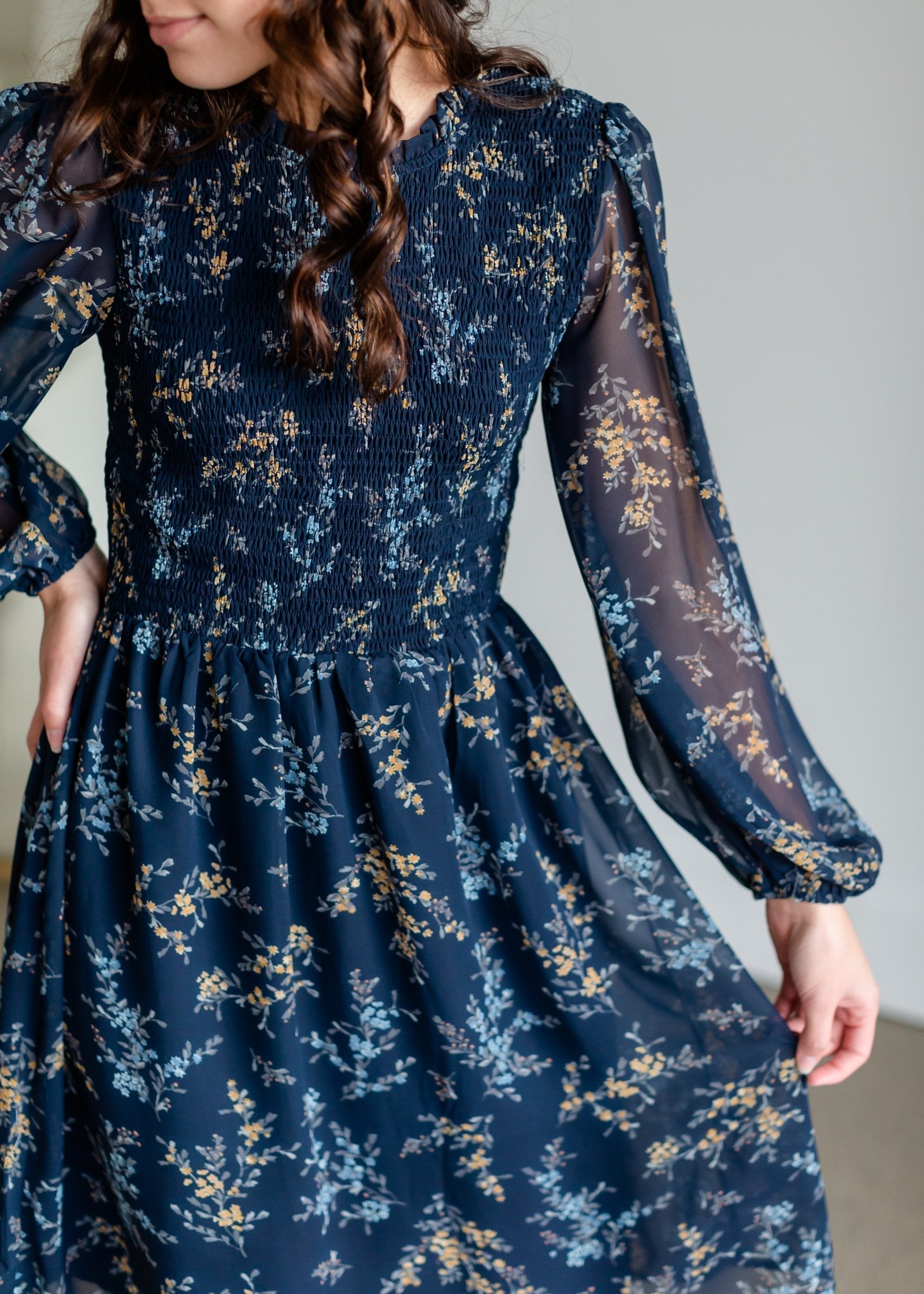 Smocked Top Navy Floral Long Sleeve Midi Dress Dresses Tea & Rose