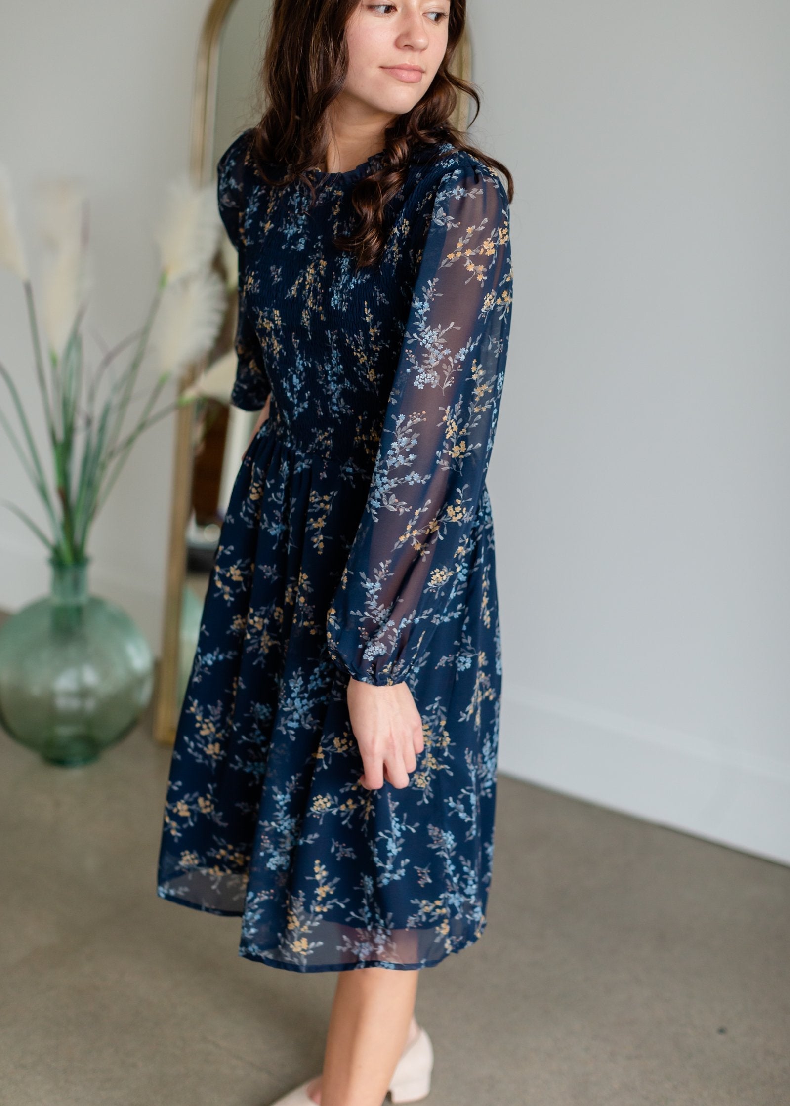 Smocked Top Navy Floral Long Sleeve Midi Dress Dresses Tea & Rose