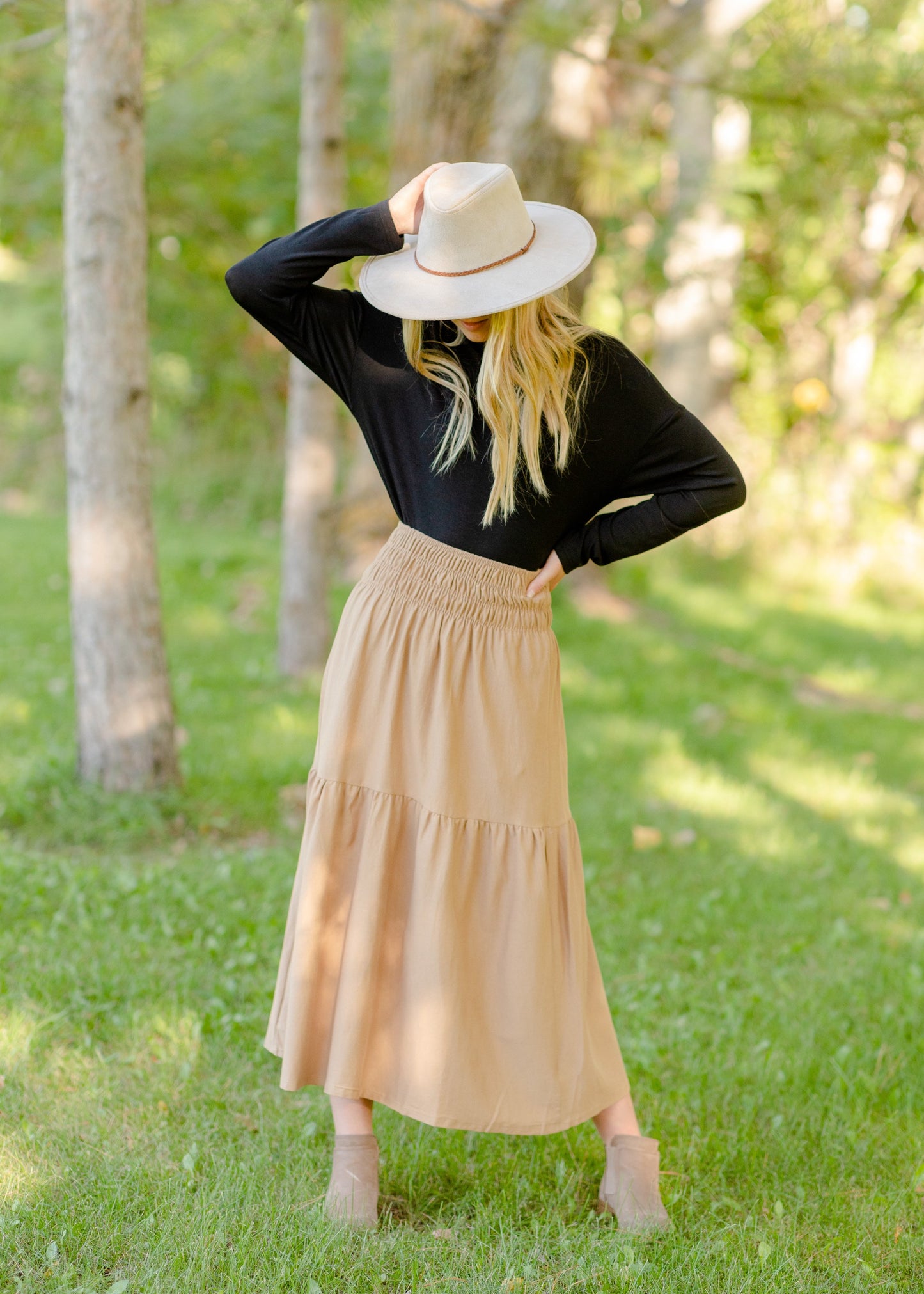 Smocked Waist Camel Maxi Skirt Skirts Tres Bien