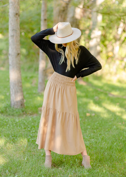 Smocked Waist Camel Maxi Skirt Skirts Tres Bien
