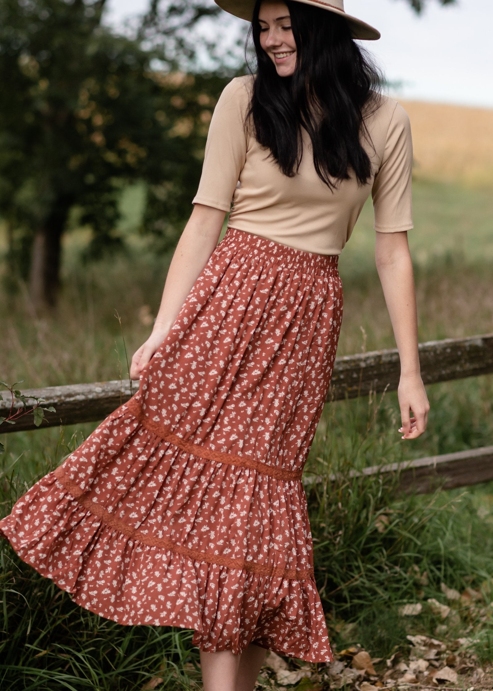 Smocked Waist Tiered Crochet Contrast Detail Midi Skirt Skirts Polagram