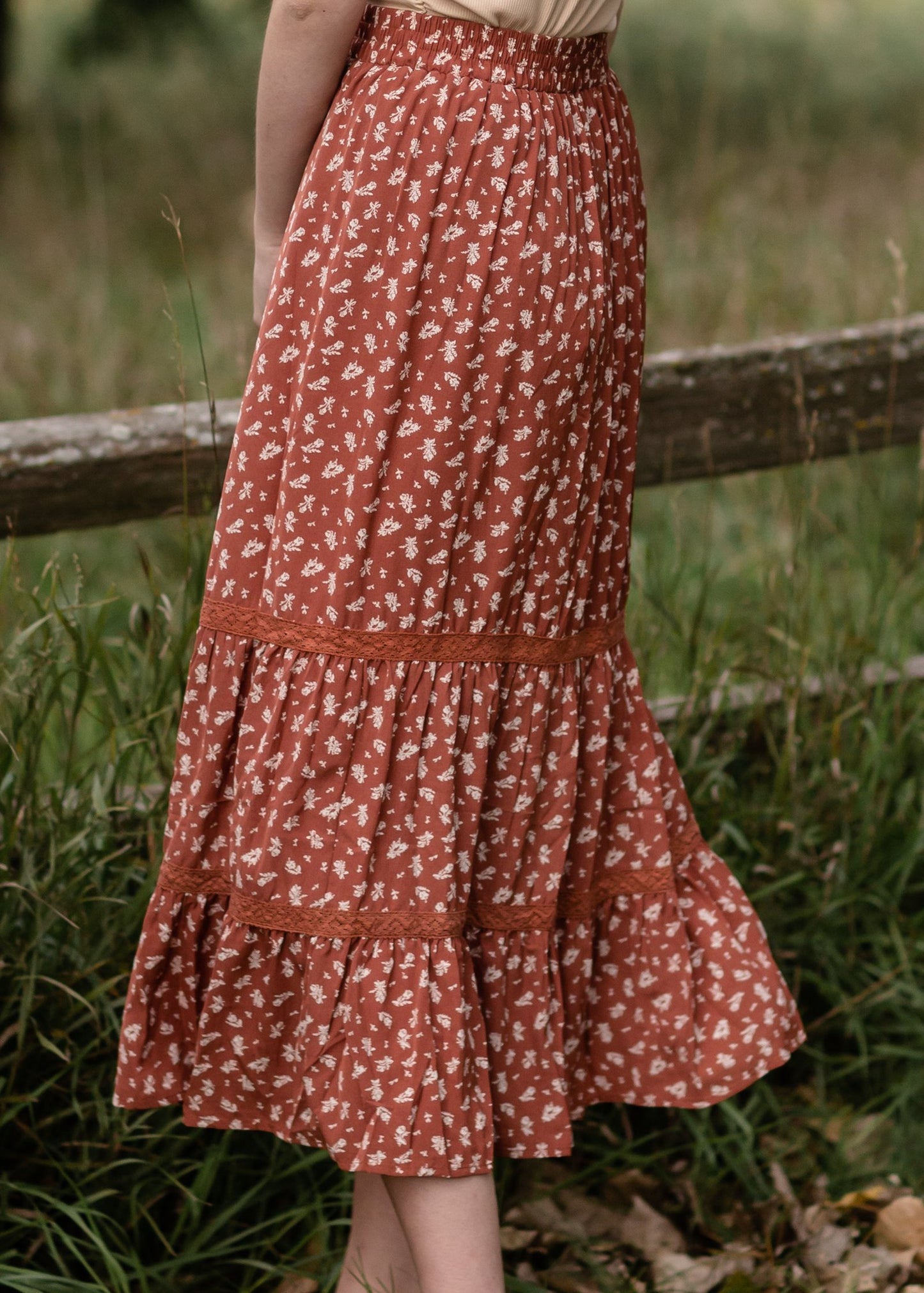 Smocked Waist Tiered Crochet Contrast Detail Midi Skirt Skirts Polagram