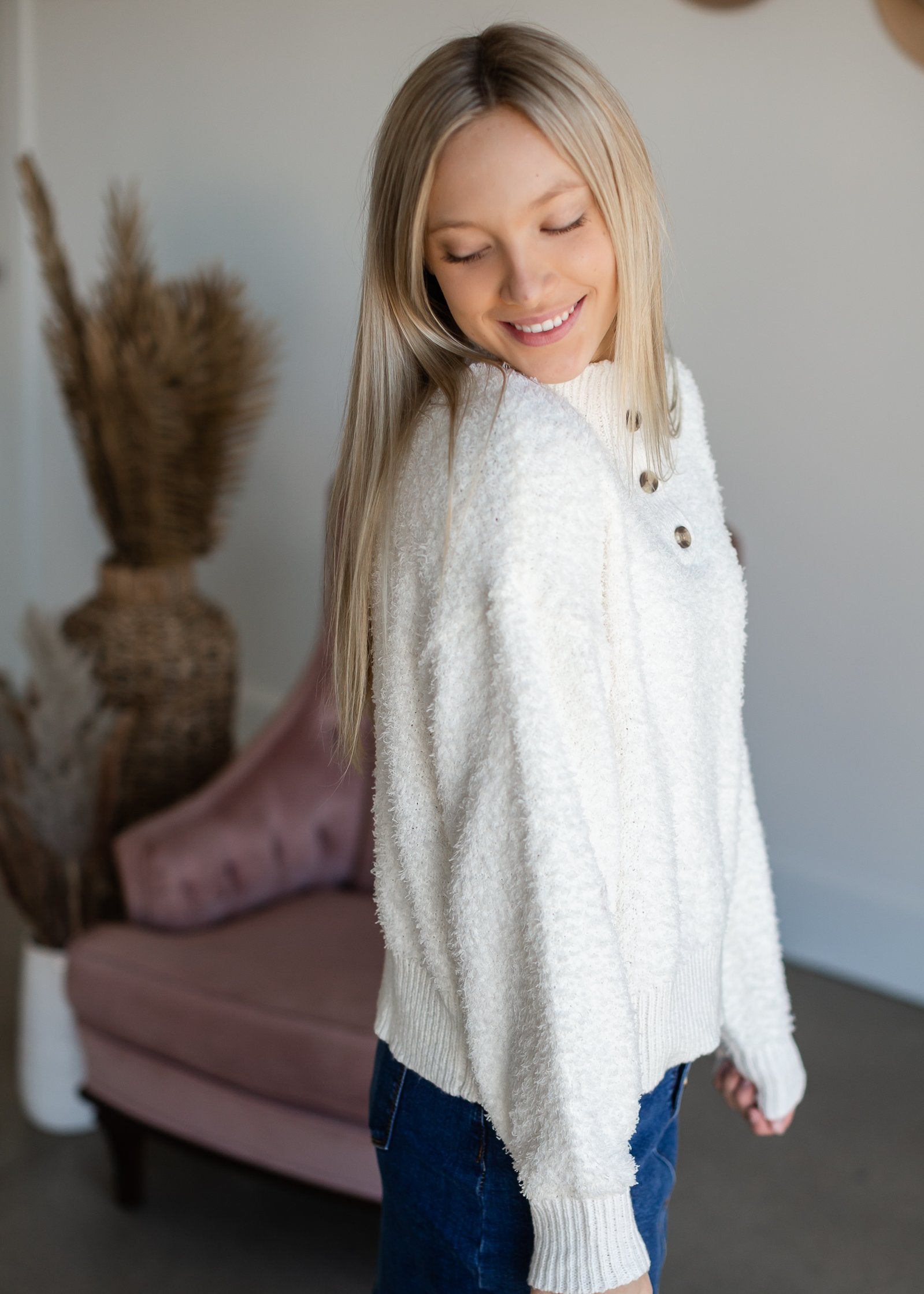Soft Fuzzy Knit Button Pullover Sweater - FINAL SALE Tops Trend Notes