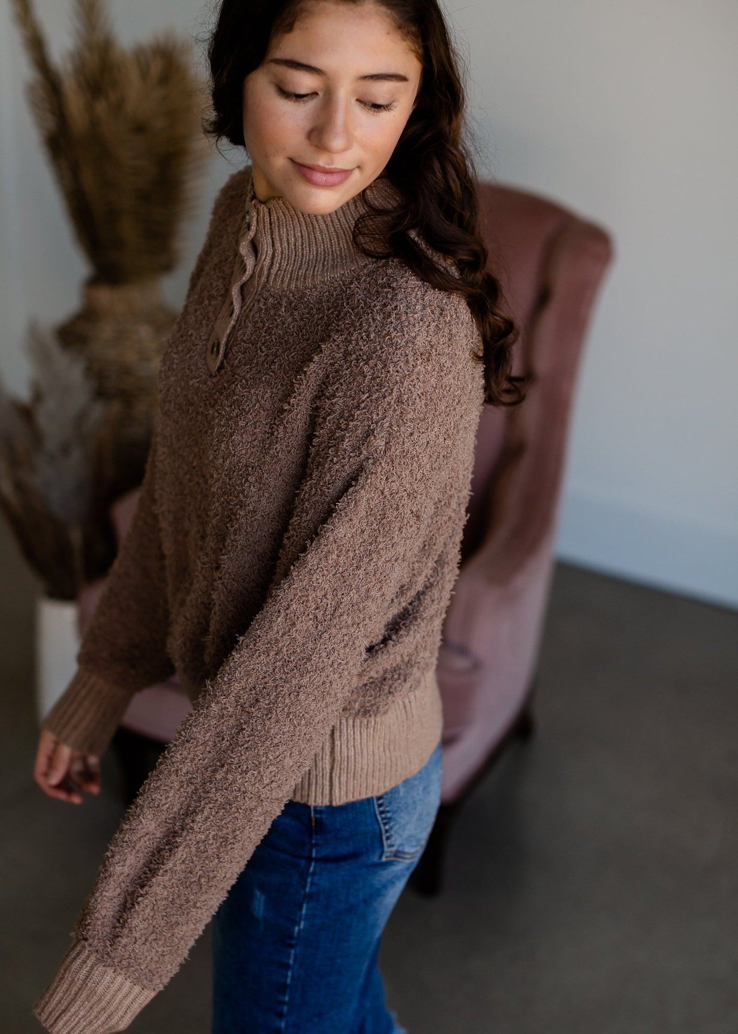 Soft Fuzzy Knit Button Pullover Sweater Tops Trend Notes S / Brown