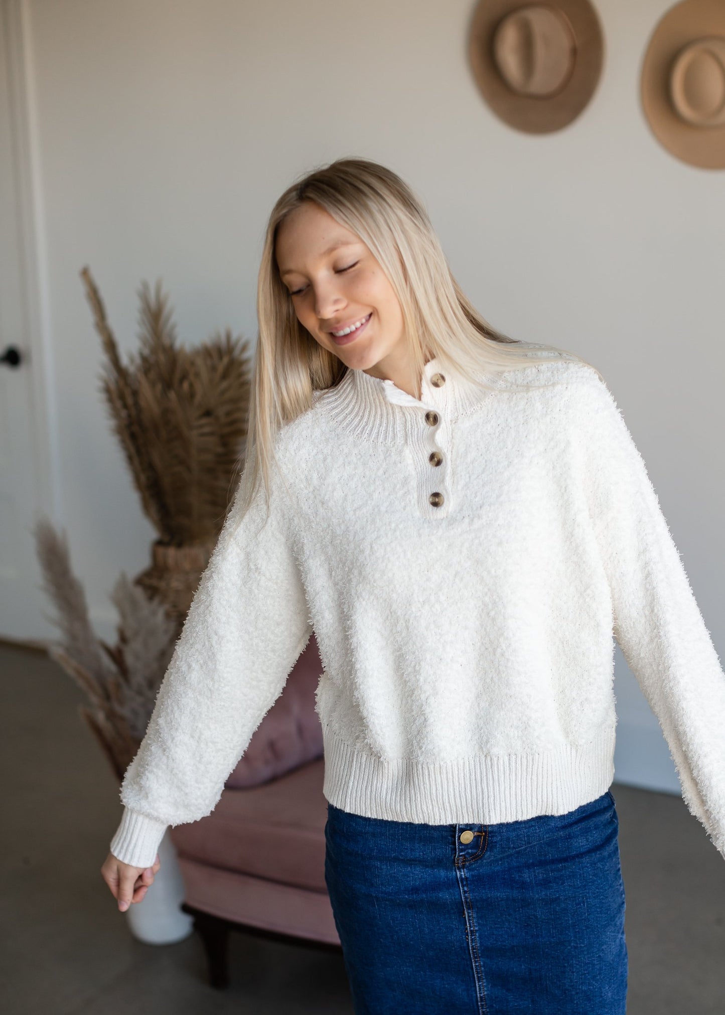 Soft Fuzzy Knit Button Pullover Sweater Tops Trend Notes