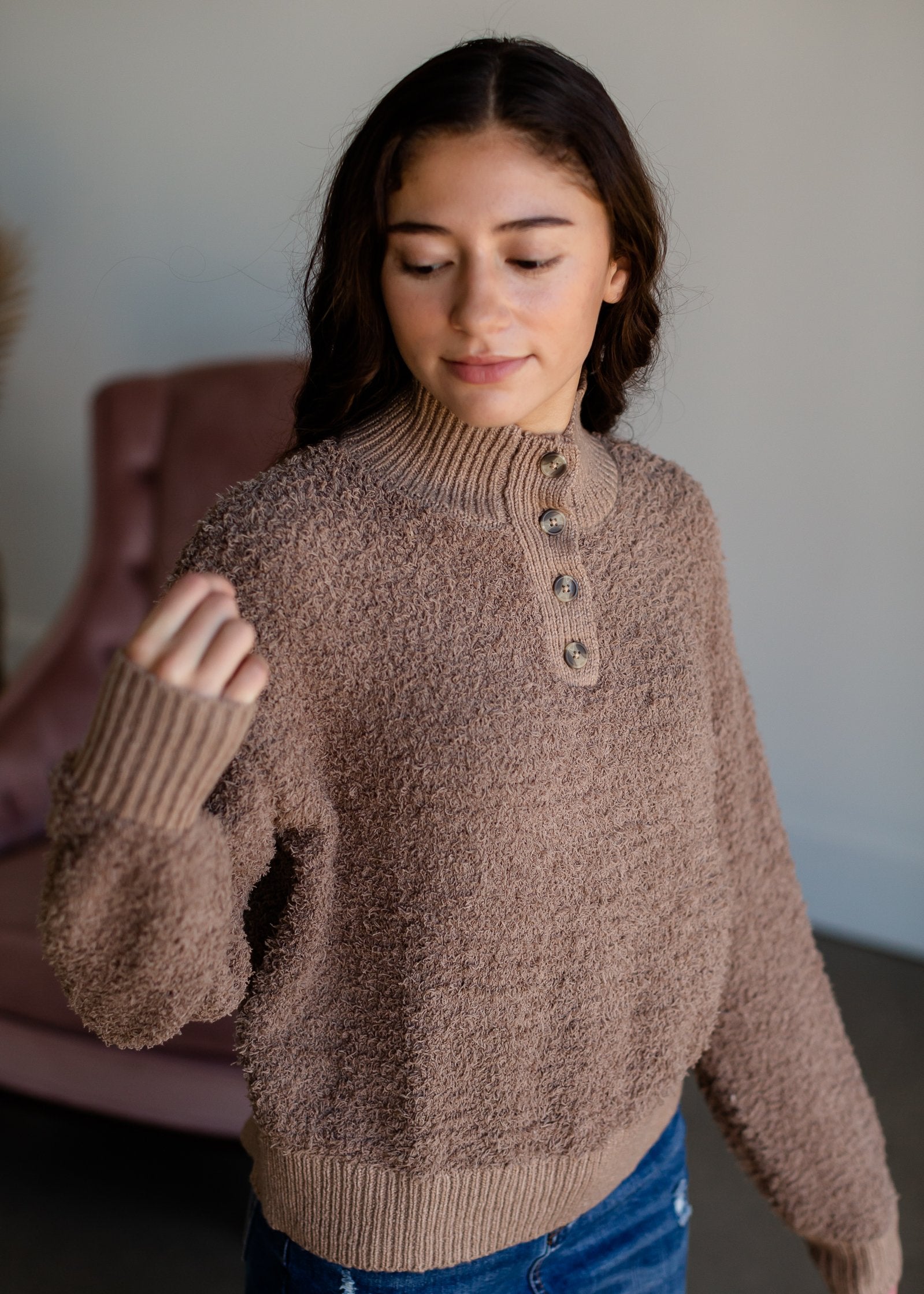 Soft Fuzzy Knit Button Pullover Sweater Tops Trend Notes
