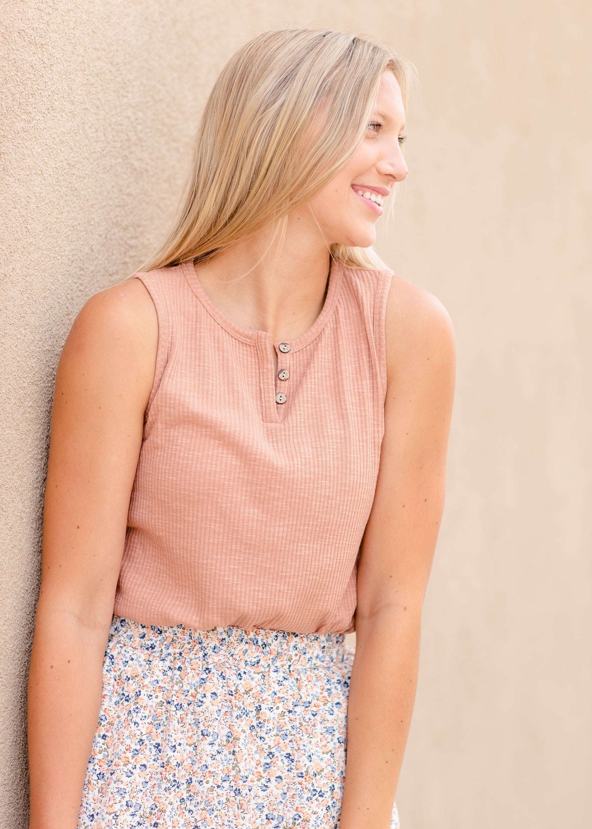 Split Neck Tank Top With Buttons Tops Dusty Brick / S