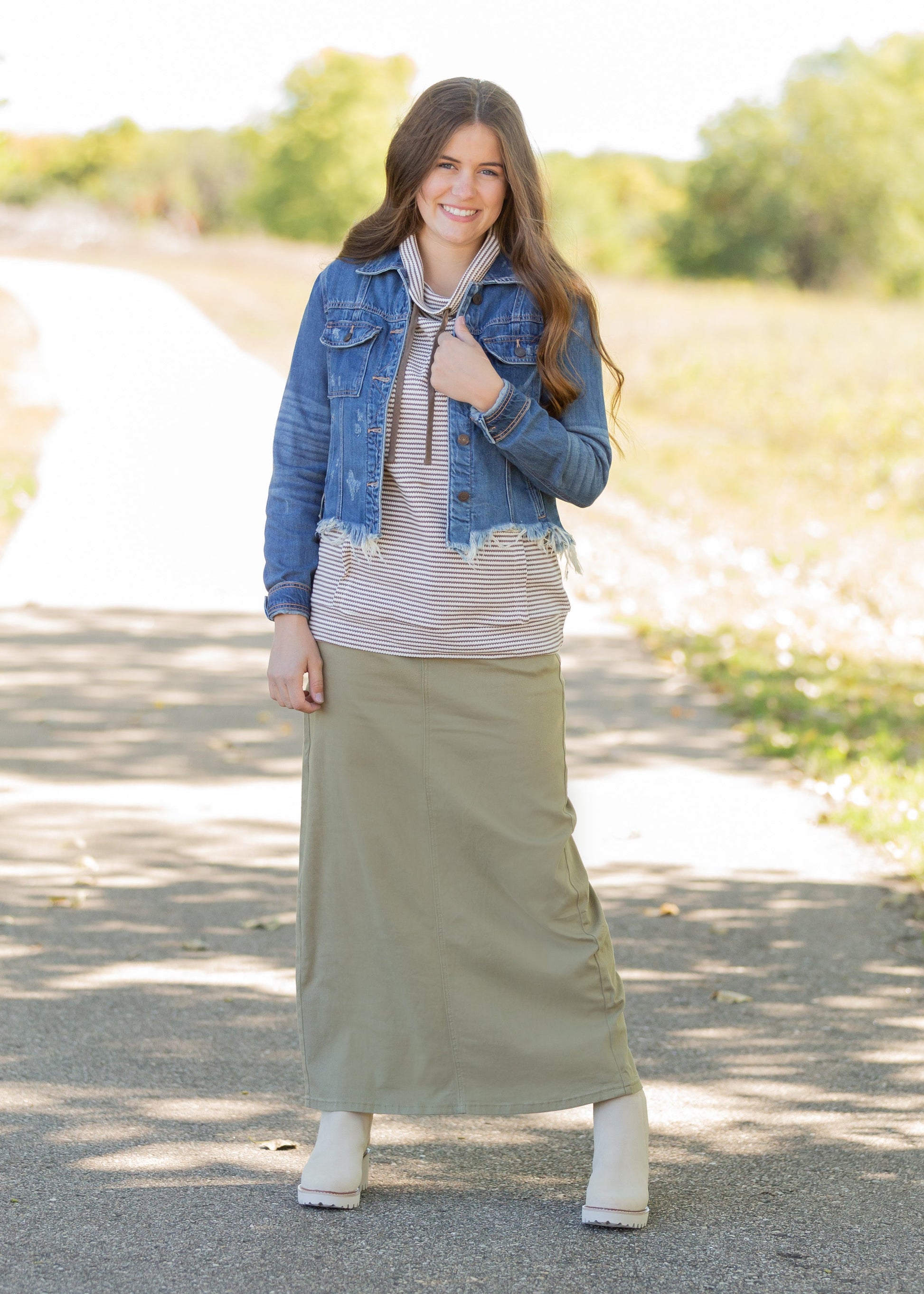 Stella Moss Olive Long Denim Maxi Skirt Skirts