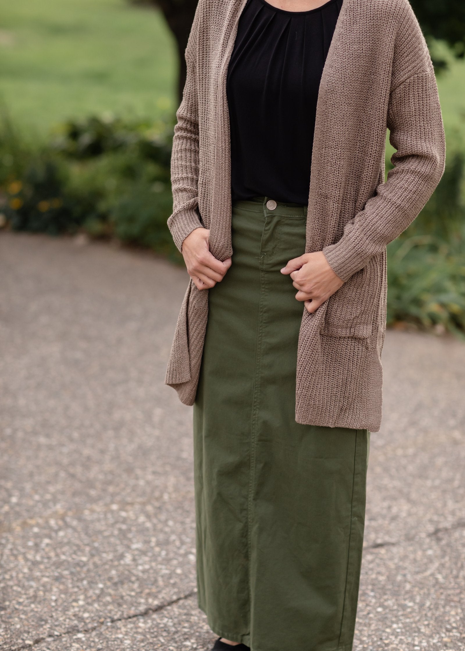 Stella Olive Green Long Denim Maxi Skirt Skirts Inherit