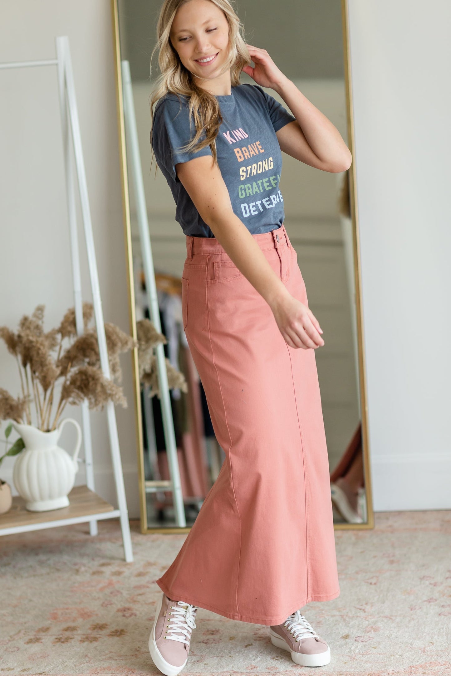 Stella Pink Clay Long Denim Maxi Skirt Skirts Inherit Co.