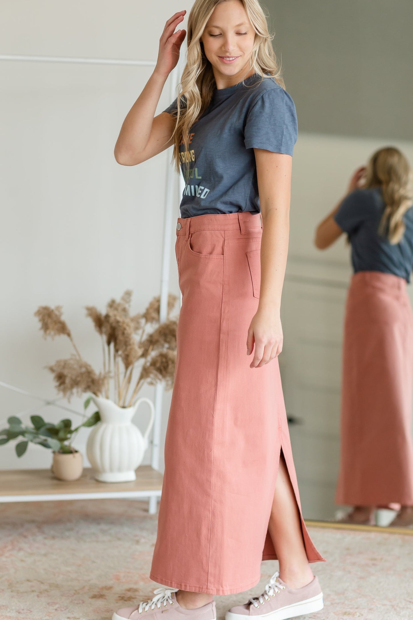 Stella Pink Clay Long Denim Maxi Skirt Skirts Inherit Co.