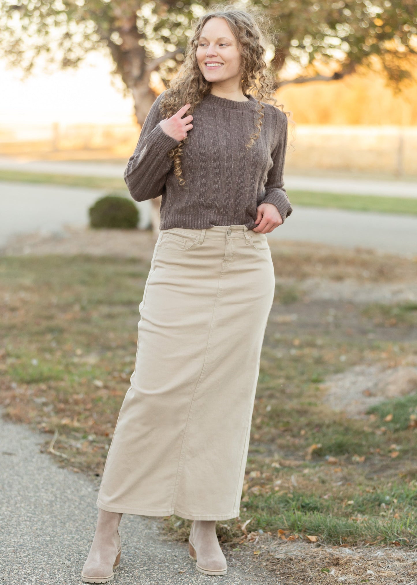 Stella Tawny Taupe Long Denim Maxi Skirt Skirts