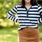 Stripe Faux Button Top Tops BomBom