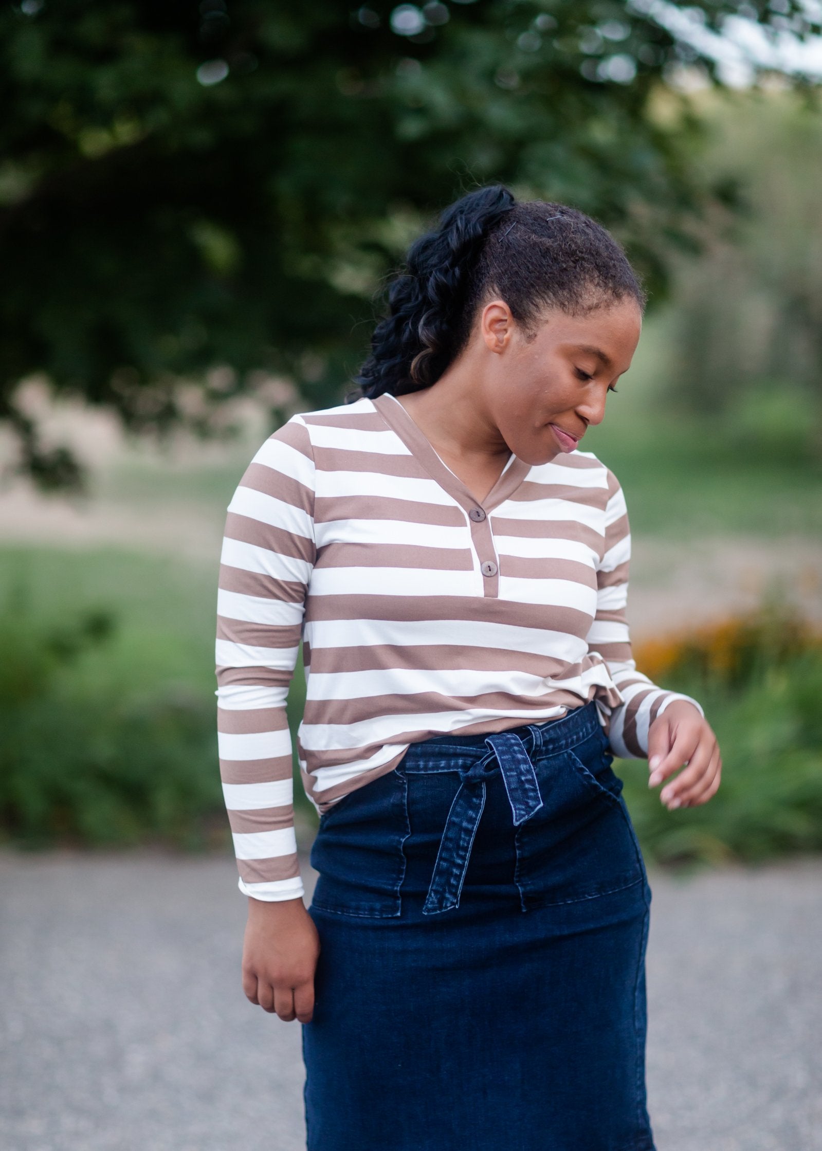 Stripe Faux Button Top Tops BomBom