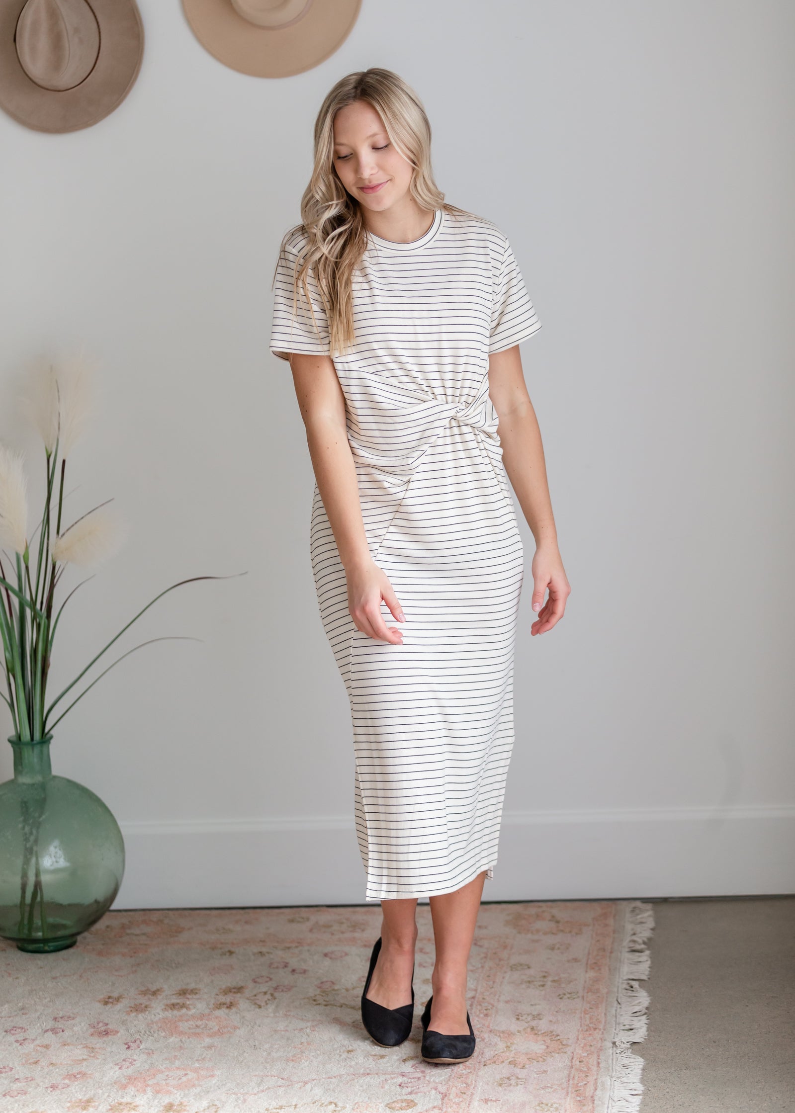 Striped Knotted Front Slit Dress Dresses By Together