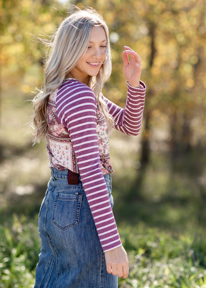 Striped Long Sleeve Patch Pattern Round Neck Top - FINAL SALE Tops