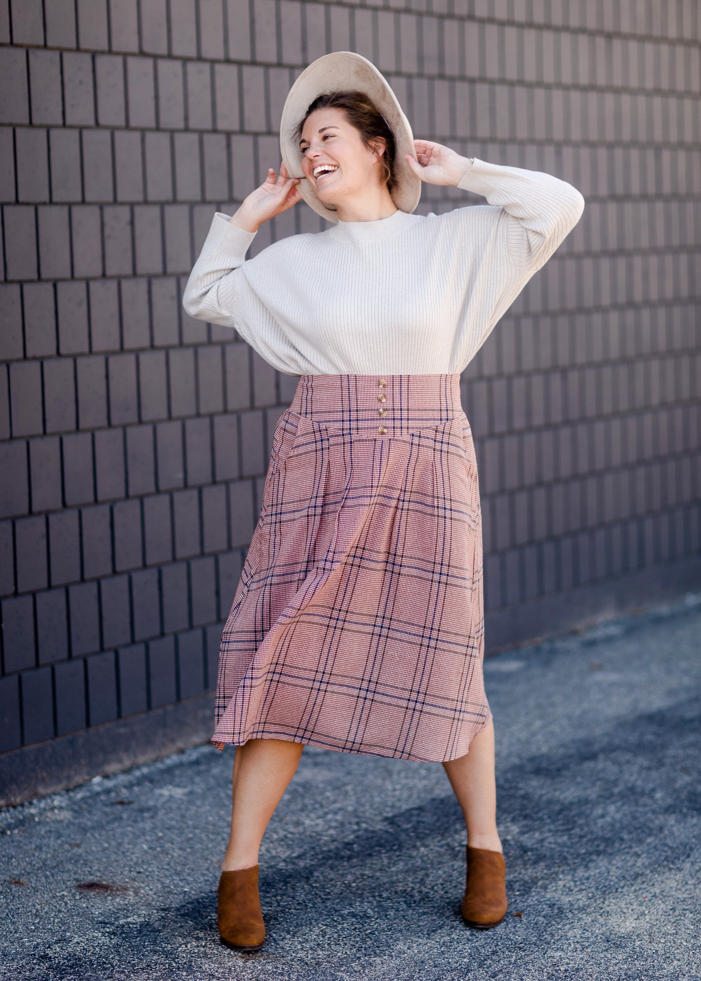 Pink check discount midi skirt